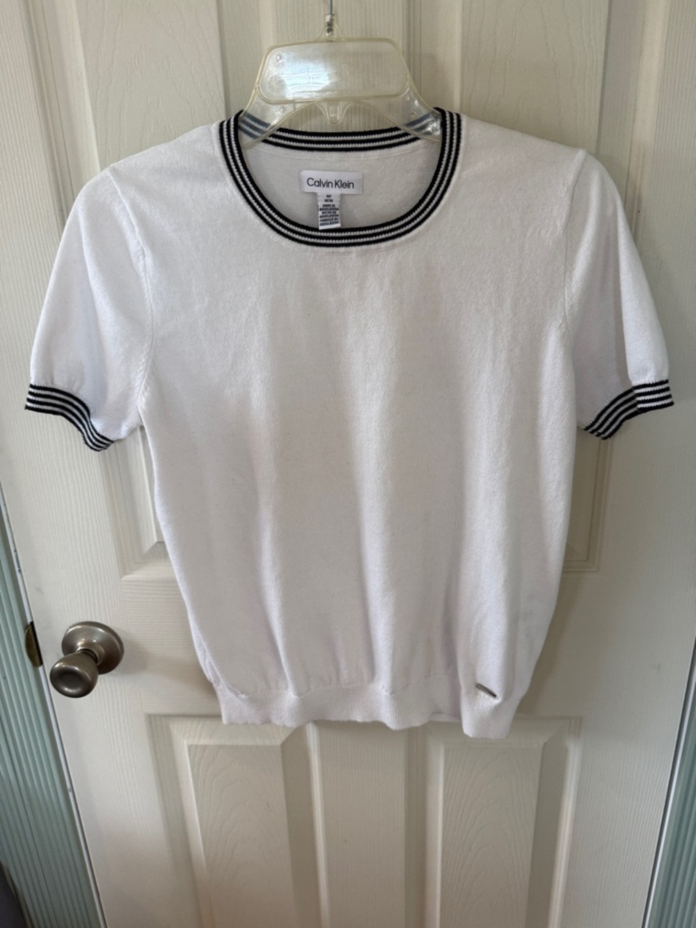 Calvin Klein White Short Sleeve Sweater with Black Stripe Trim